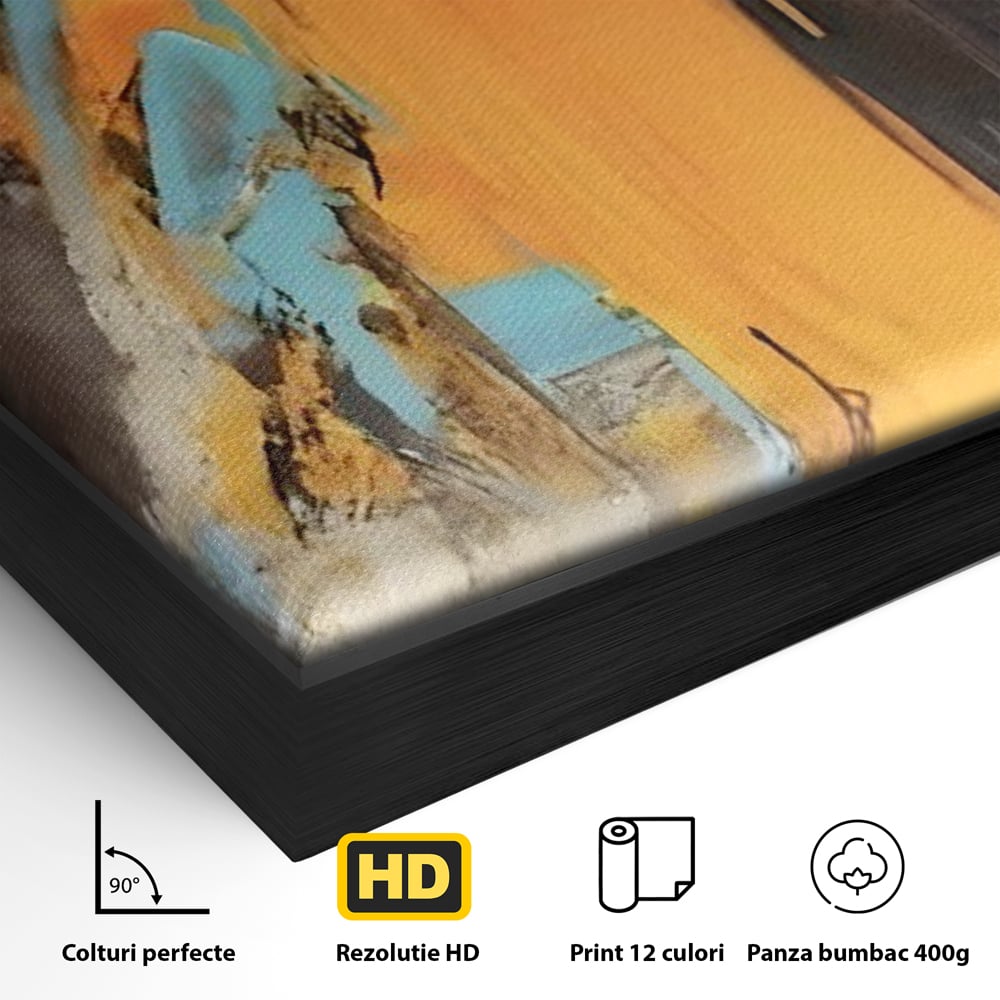 Detaliu al suprafetei: pictura abstracta cu pete portocalii, in rama de aluminiu negru