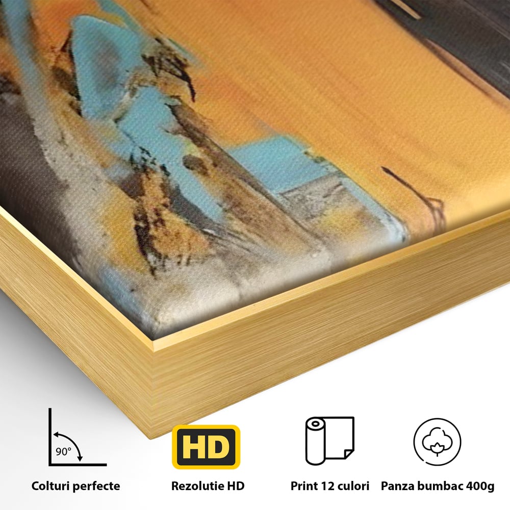 Detaliu al suprafetei: pictura abstracta cu pete portocalii, in rama de aluminiu auriu