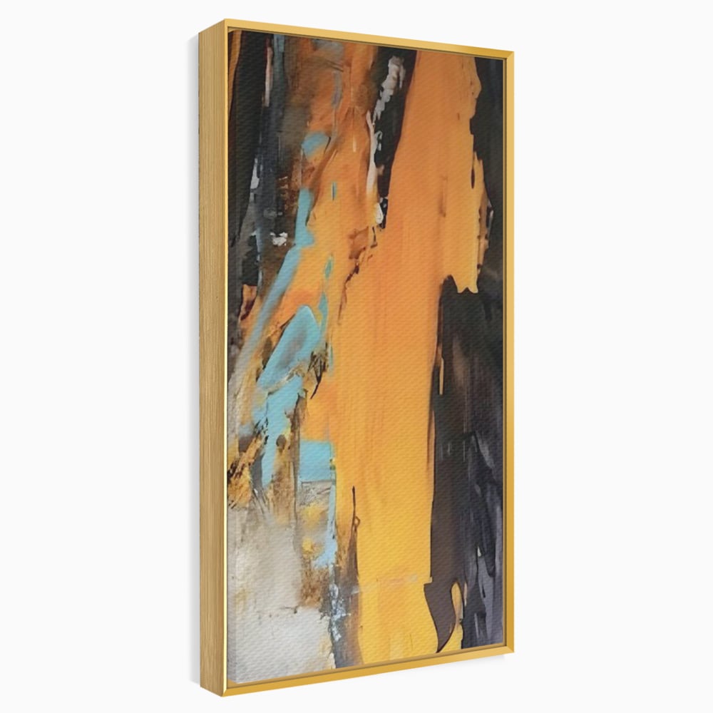 Tablou canvas cu pictura abstracta cu pete portocalii, in rama de aluminiu auriu