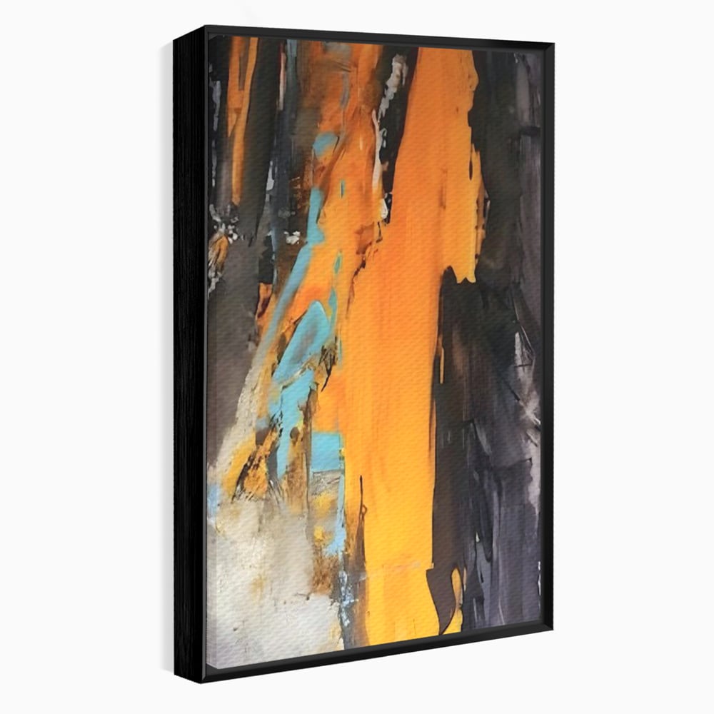 Tablou canvas cu pictura abstracta cu pete portocalii, in rama de aluminiu negru