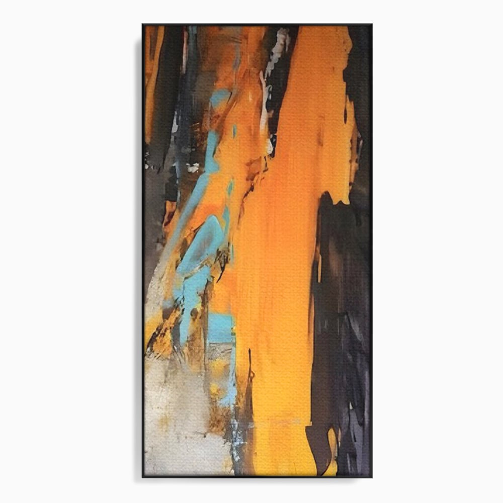 Tablou canvas cu pictura abstracta cu pete portocalii, in rama de aluminiu negru