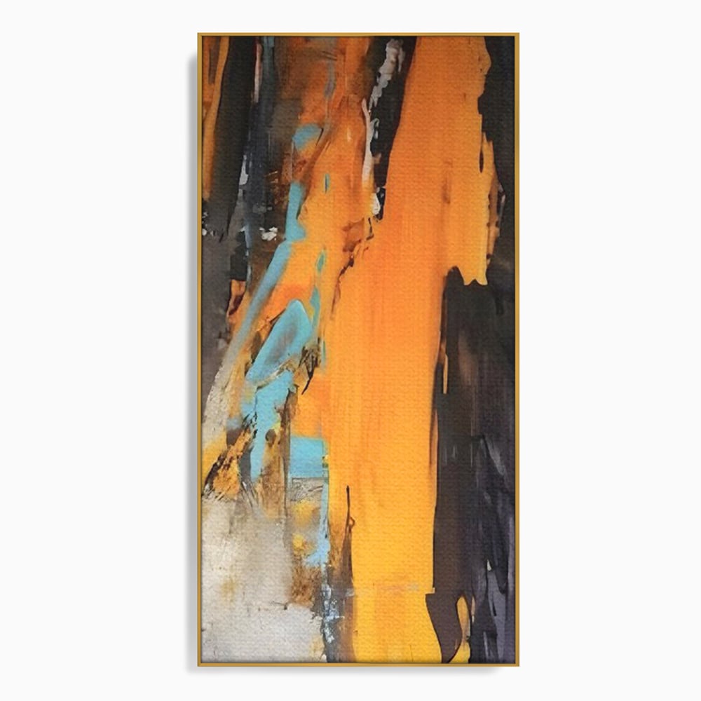 Tablou canvas cu pictura abstracta cu pete portocalii, in rama de aluminiu auriu
