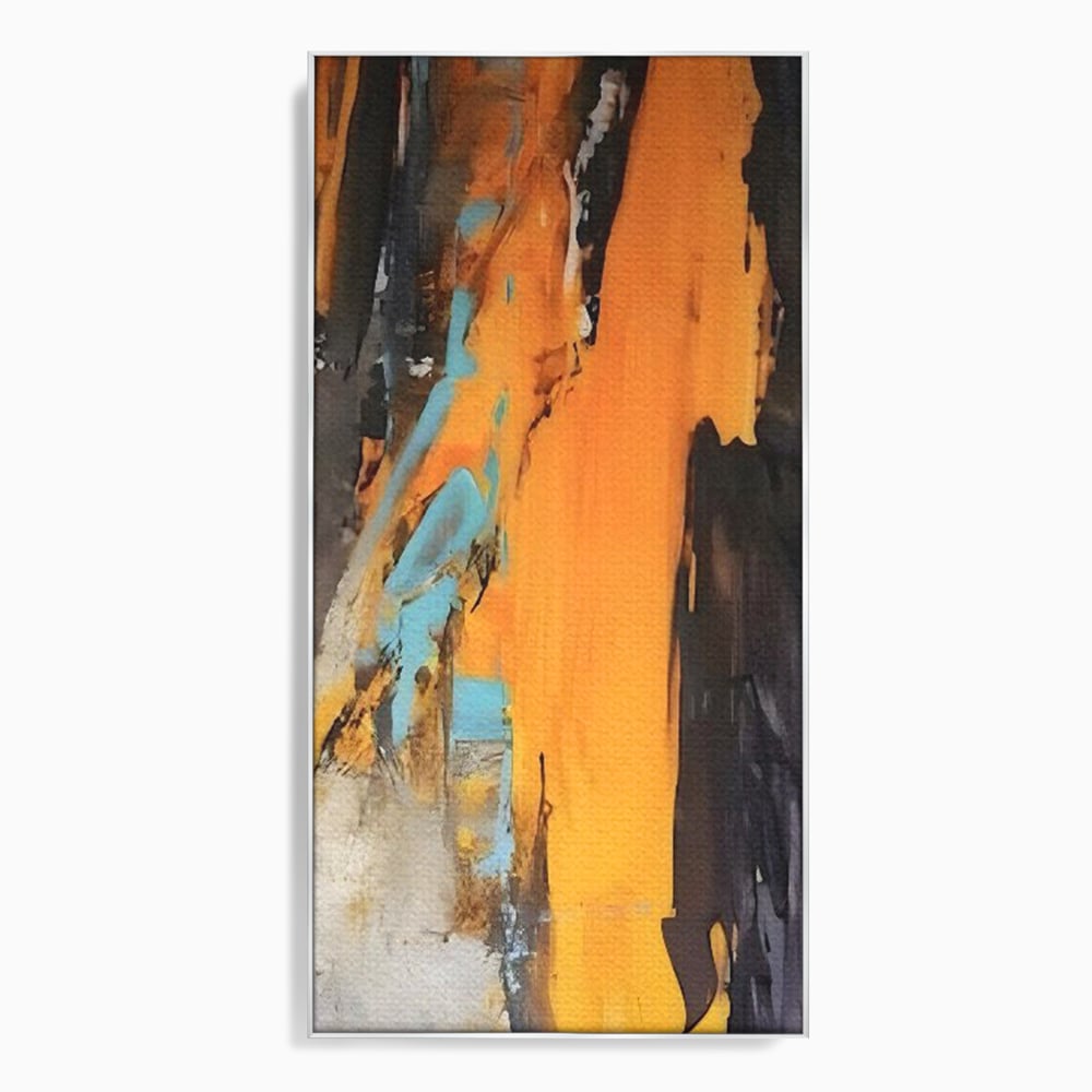 Tablou canvas cu pictura abstracta cu pete portocalii, in rama de aluminiu argintiu