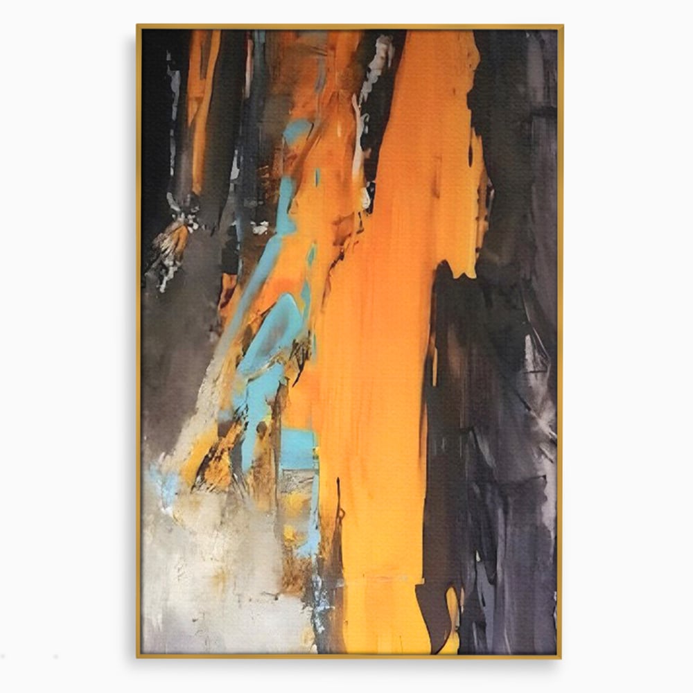 Tablou canvas cu pictura abstracta cu pete portocalii, in rama de aluminiu auriu