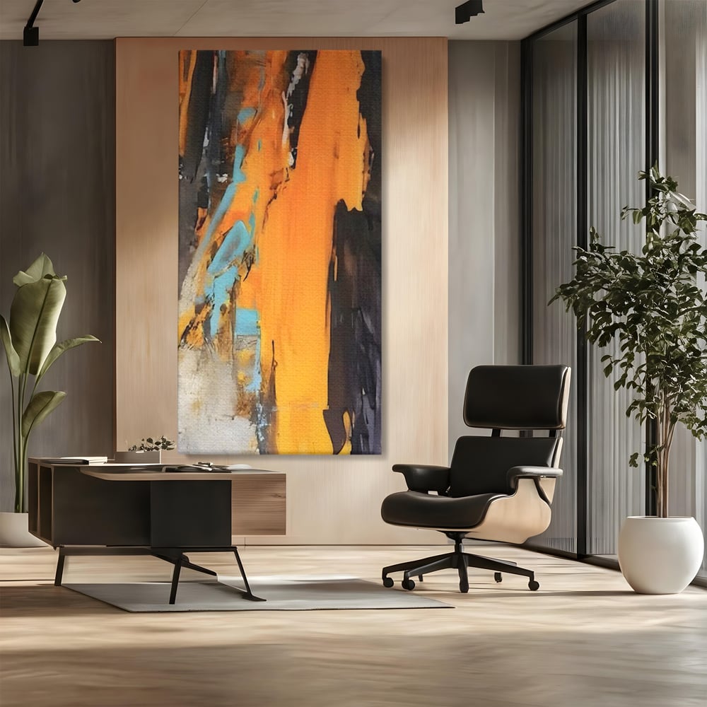 Tablou canvas cu pictura abstracta cu pete portocalii, fara rama, pe sasiu de lemn, pe perete intr-un birou