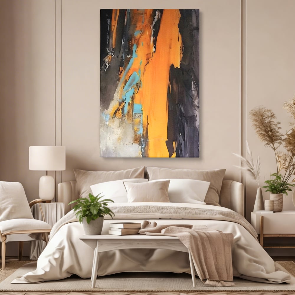 Tablou canvas cu pictura abstracta cu pete portocalii, fara rama, pe sasiu de lemn, pe perete intr-un dormitor