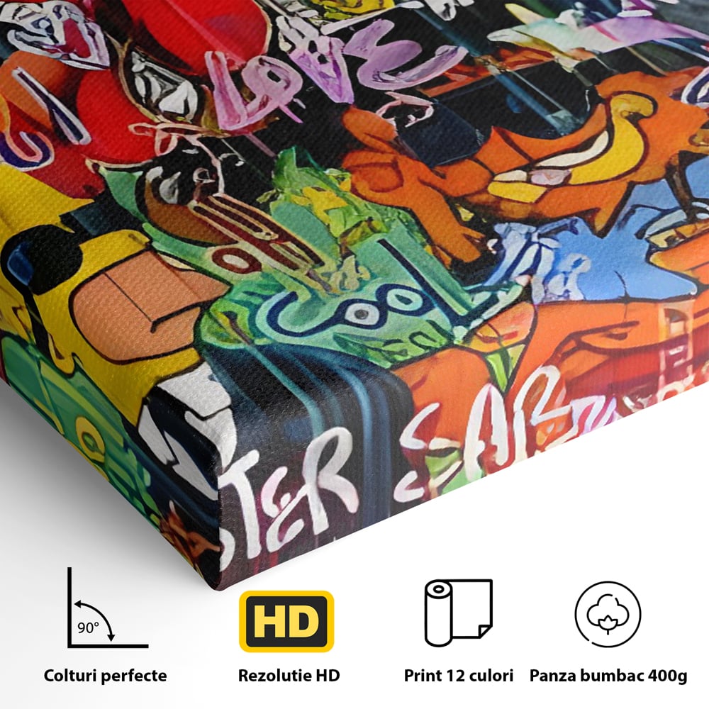 Detaliu al suprafetei: tablou canvas cu personaje din desene animate si graffiti, fara rama, pe sasiu de lemn