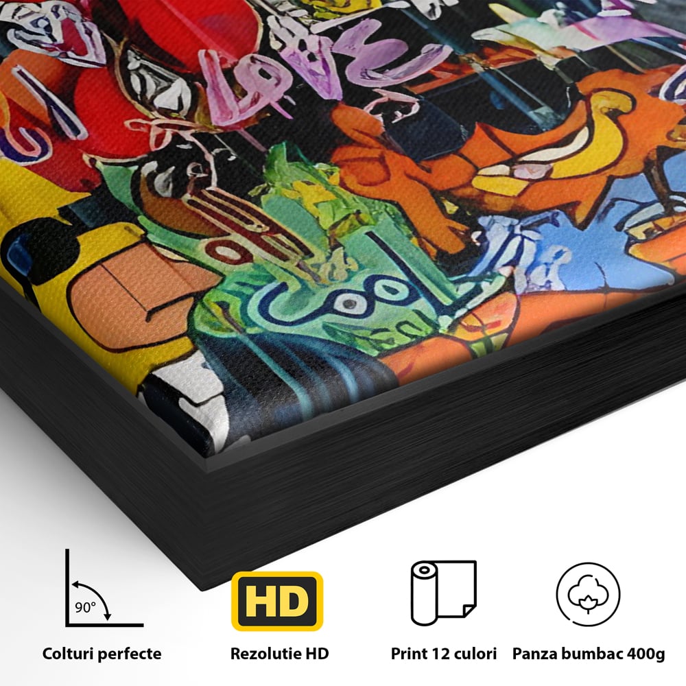 Detaliu al suprafetei: tablou canvas cu personaje din desene animate si graffiti, in rama de aluminiu negru