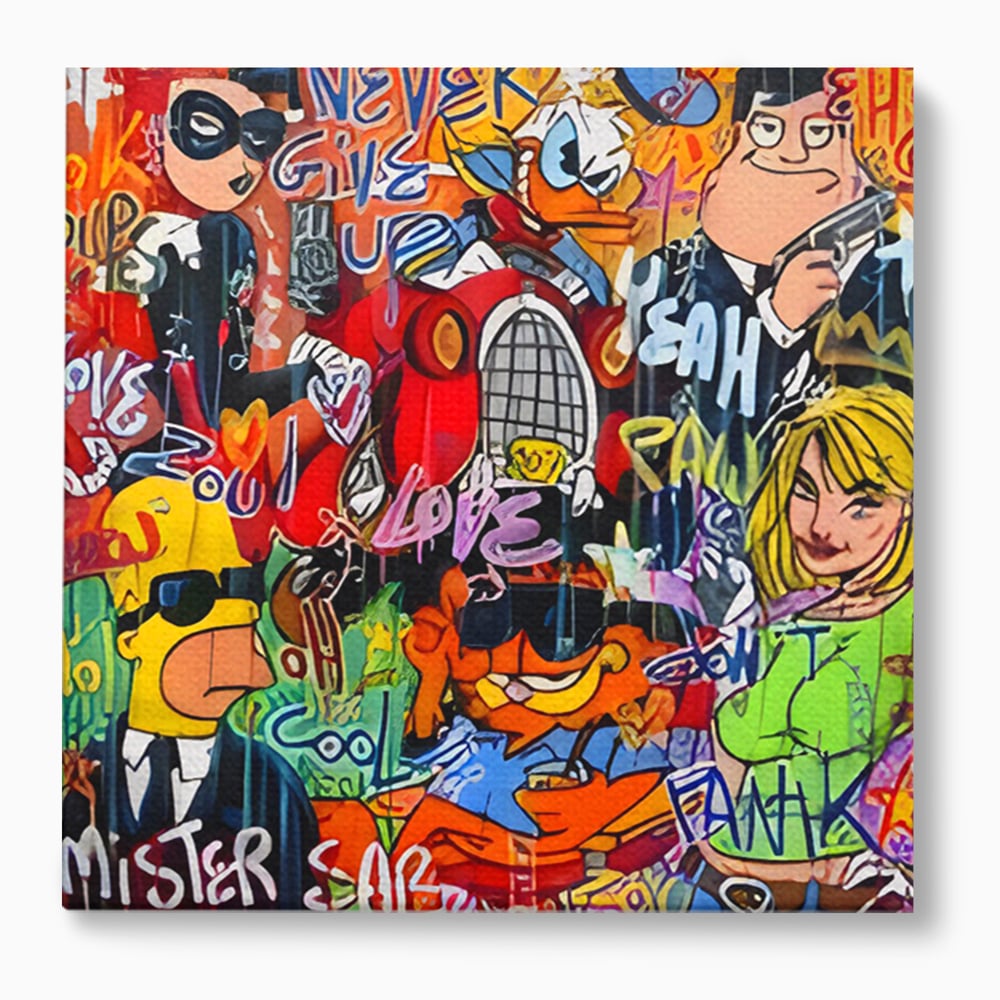 Tablou canvas cu tablou canvas cu personaje din desene animate si graffiti, fara rama, pe sasiu de lemn