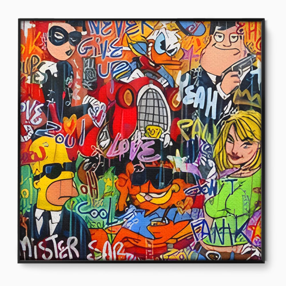 Tablou canvas cu tablou canvas cu personaje din desene animate si graffiti, in rama de aluminiu negru