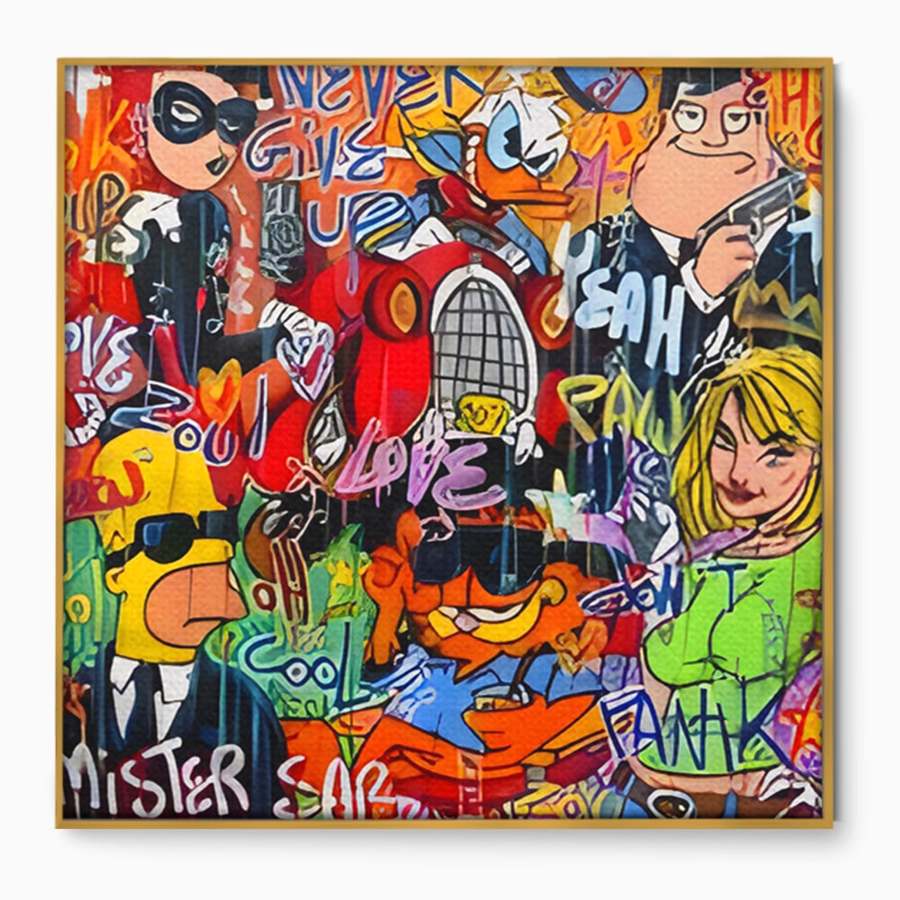Tablou canvas cu tablou canvas cu personaje din desene animate si graffiti, in rama de aluminiu auriu