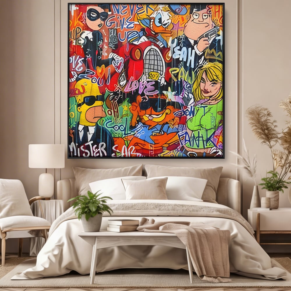 Tablou canvas cu tablou canvas cu personaje din desene animate si graffiti, in rama de aluminiu negru, pe perete intr-un dormitor