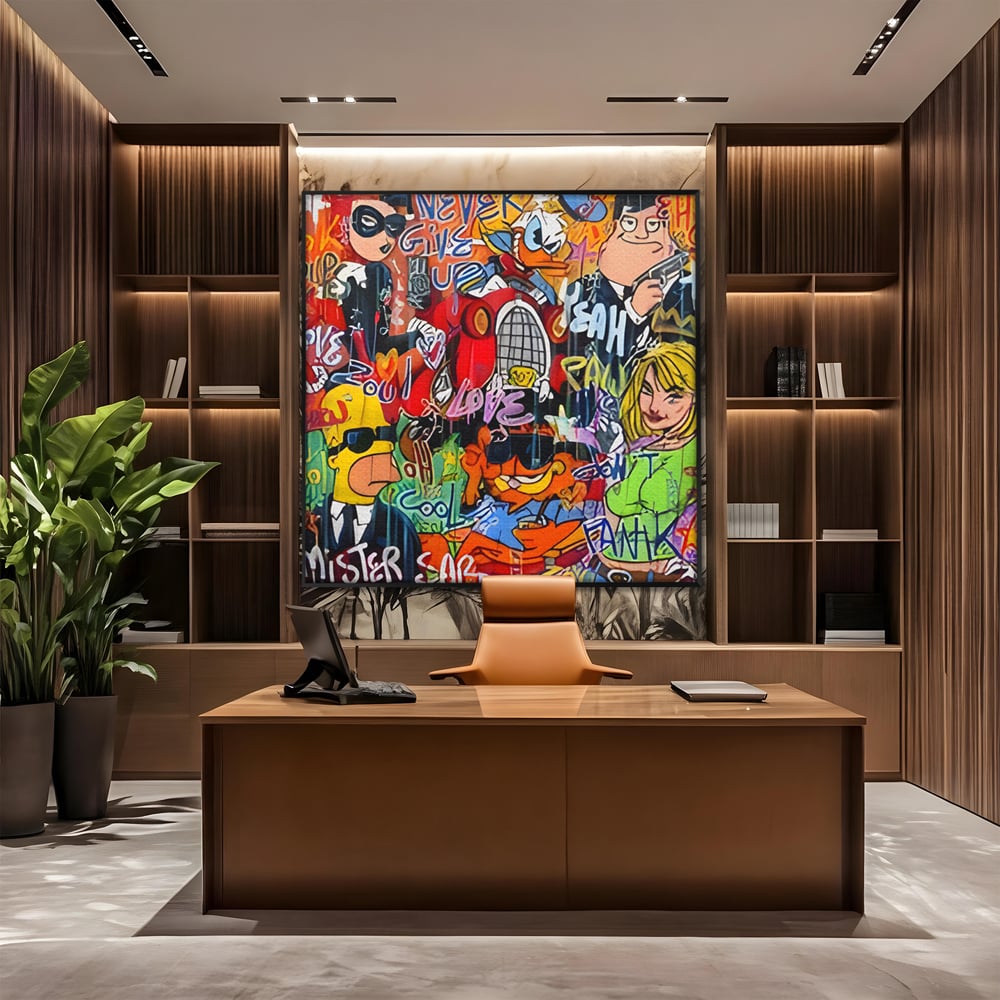 Tablou canvas cu tablou canvas cu personaje din desene animate si graffiti, in rama de aluminiu negru, pe perete intr-un birou