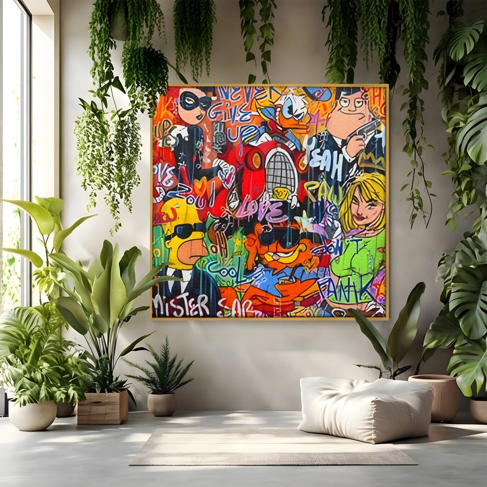Tablou canvas cu tablou canvas cu personaje din desene animate si graffiti, in rama de aluminiu auriu