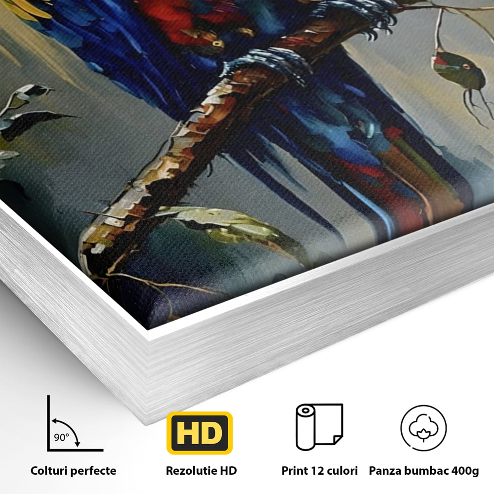 Detaliu al suprafetei: tablou canvas cu papagal colorat, in rama de aluminiu argintiu