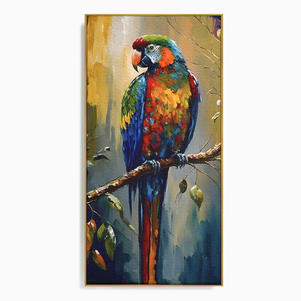Tablou canvas cu tablou canvas cu papagal colorat, in rama de aluminiu auriu