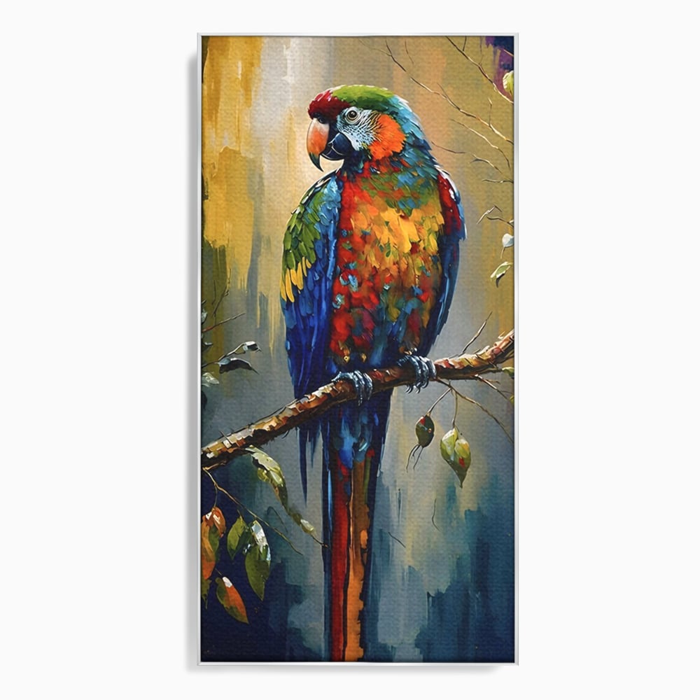 Tablou canvas cu tablou canvas cu papagal colorat, in rama de aluminiu argintiu