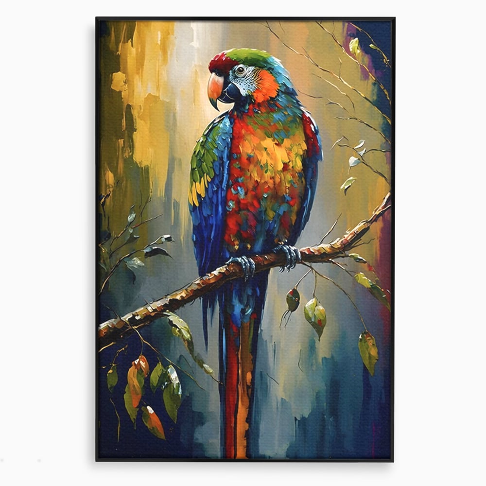 Tablou canvas cu tablou canvas cu papagal colorat, in rama de aluminiu negru