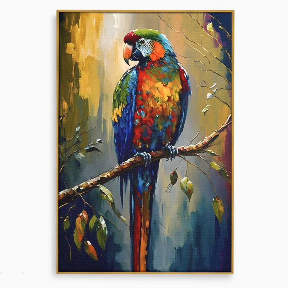 Tablou canvas cu tablou canvas cu papagal colorat, in rama de aluminiu auriu