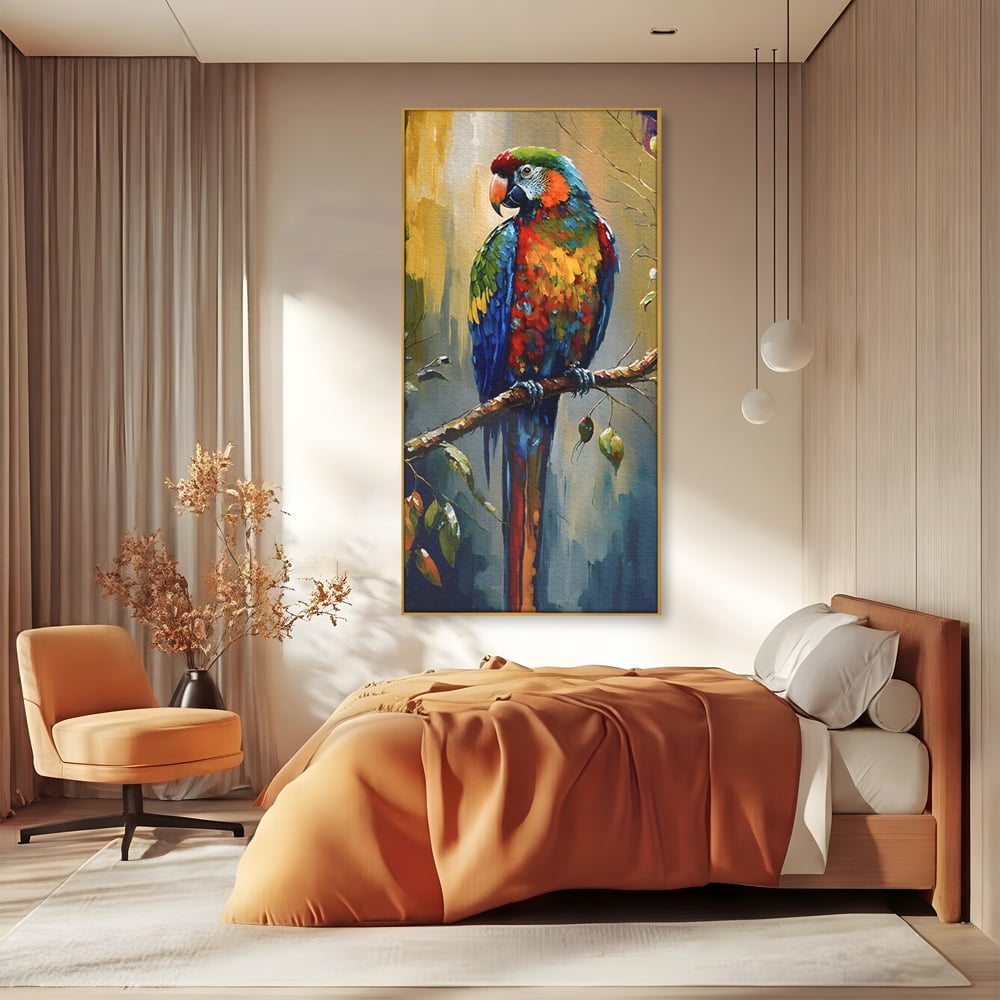 Tablou canvas cu tablou canvas cu papagal colorat, in rama de aluminiu auriu, pe perete intr-un dormitor