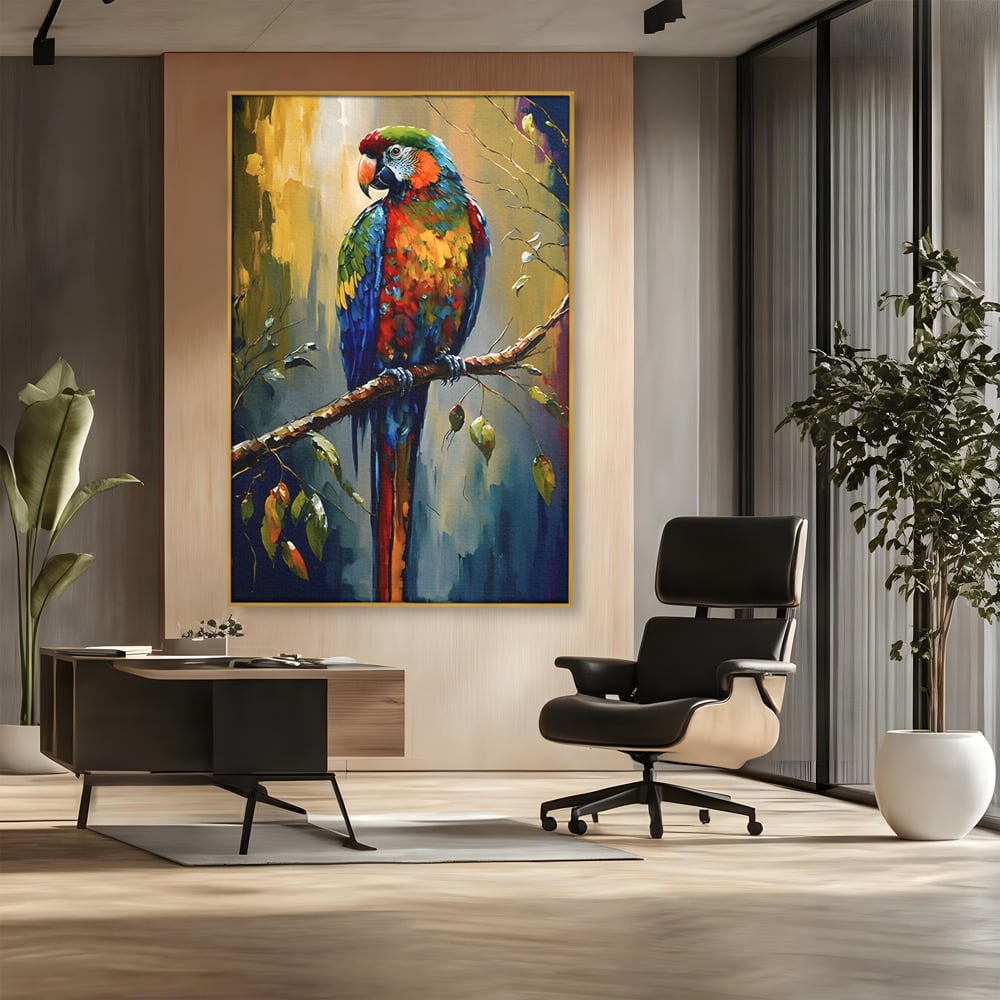 Tablou canvas cu tablou canvas cu papagal colorat, in rama de aluminiu auriu, pe perete intr-un birou