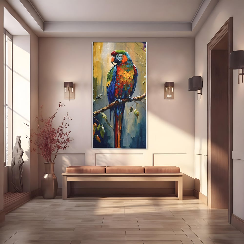 Tablou canvas cu tablou canvas cu papagal colorat, in rama de aluminiu argintiu