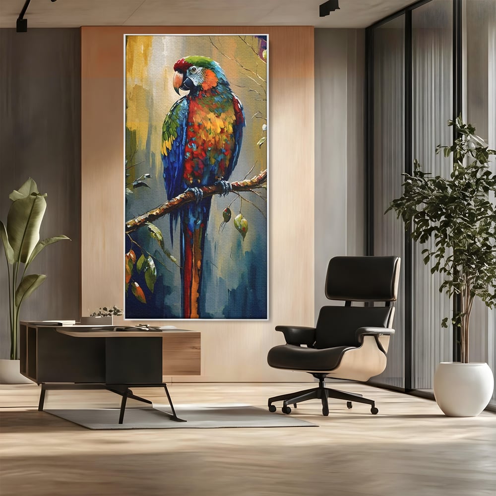 Tablou canvas cu tablou canvas cu papagal colorat, in rama de aluminiu argintiu, pe perete intr-un birou