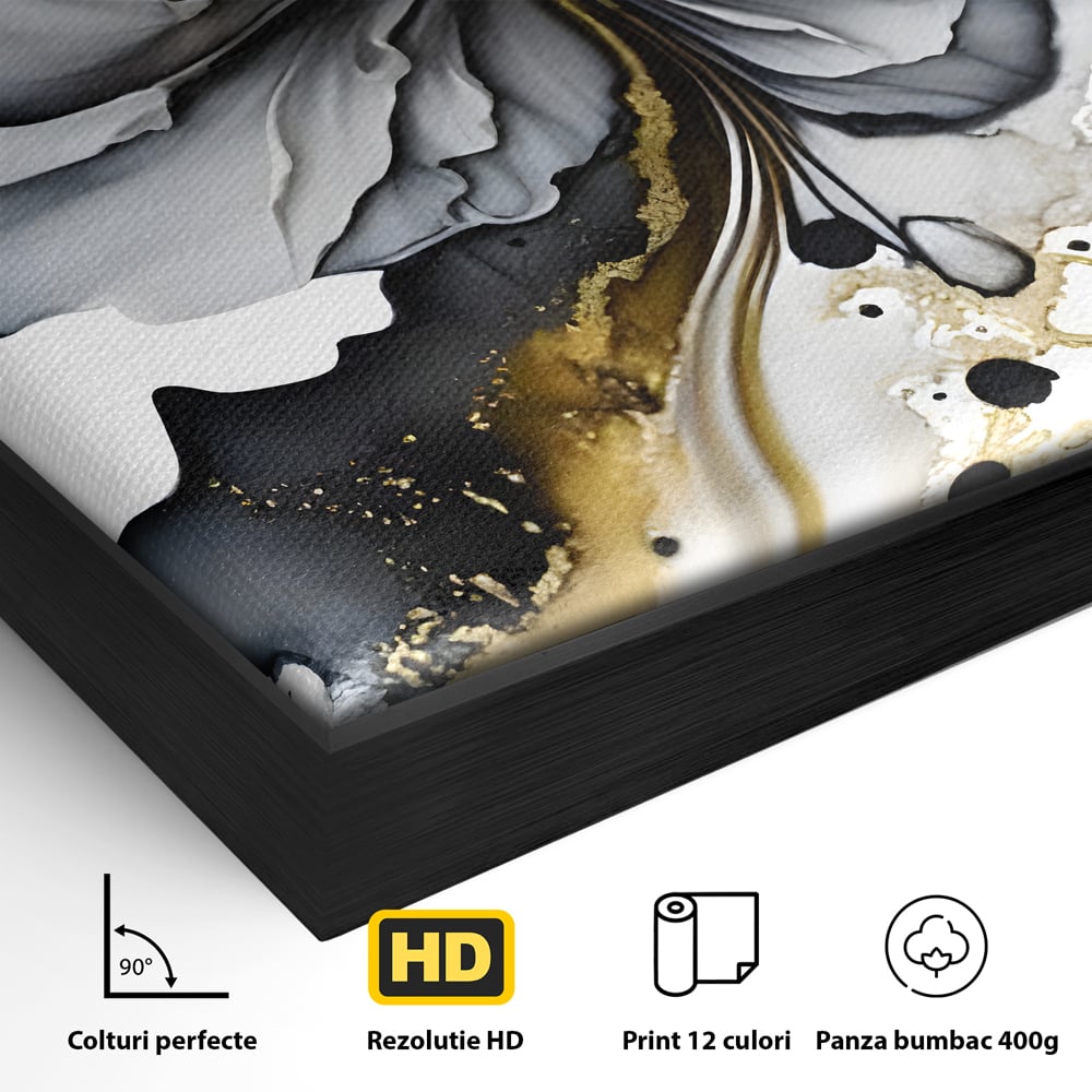 Detaliu al suprafetei: tablou abstract cu floare neagra si accente aurii, in rama de aluminiu negru