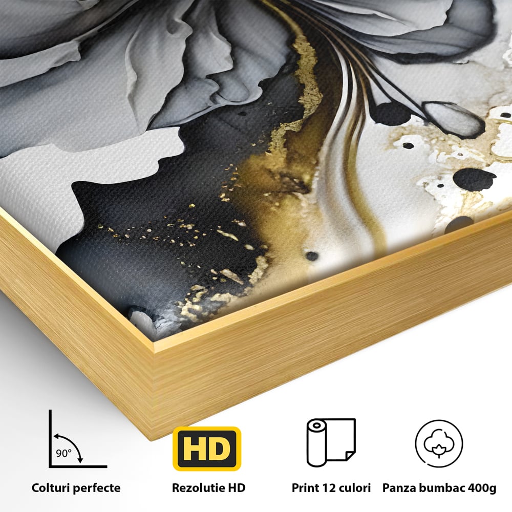 Detaliu al suprafetei: tablou abstract cu floare neagra si accente aurii, in rama de aluminiu auriu