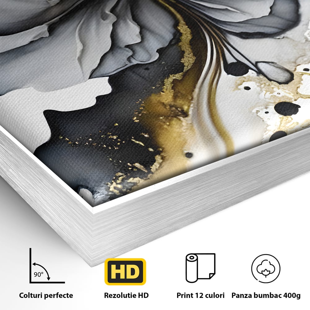 Detaliu al suprafetei: tablou abstract cu floare neagra si accente aurii, in rama de aluminiu argintiu