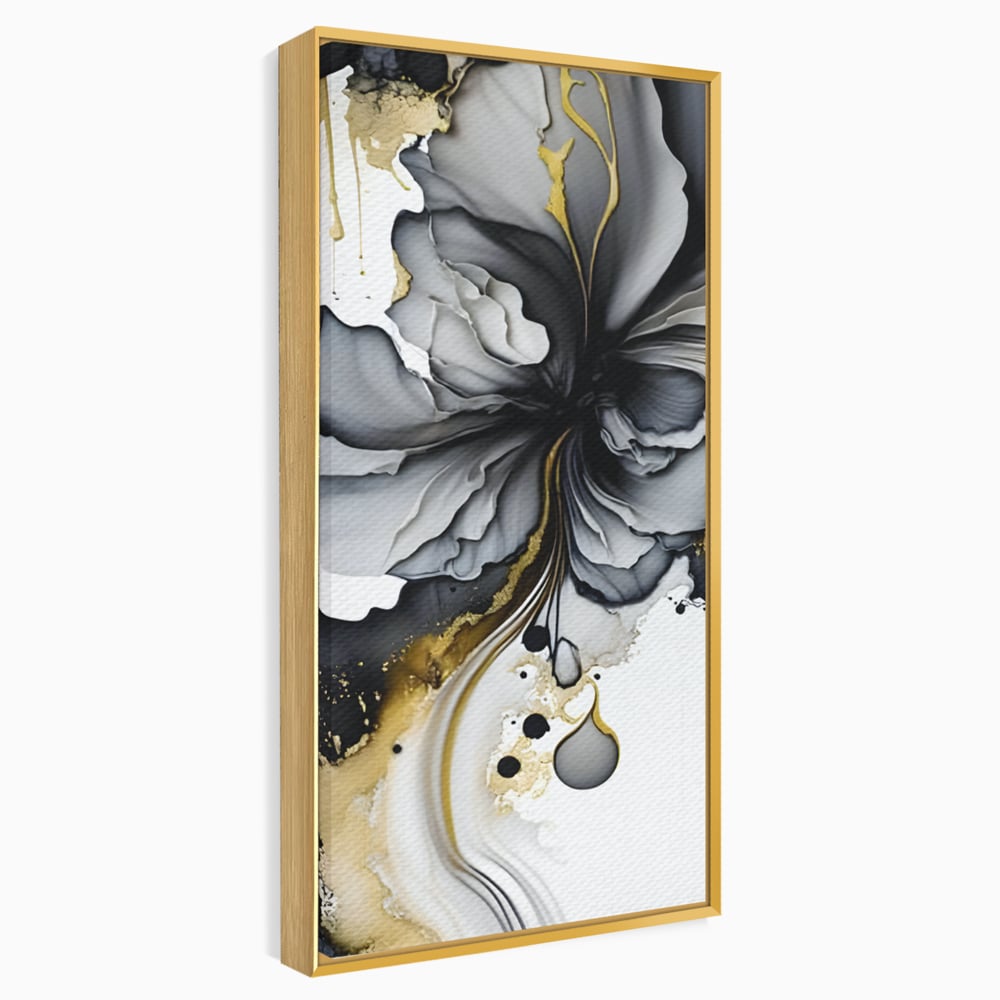 Tablou canvas cu tablou abstract cu floare neagra si accente aurii, in rama de aluminiu auriu