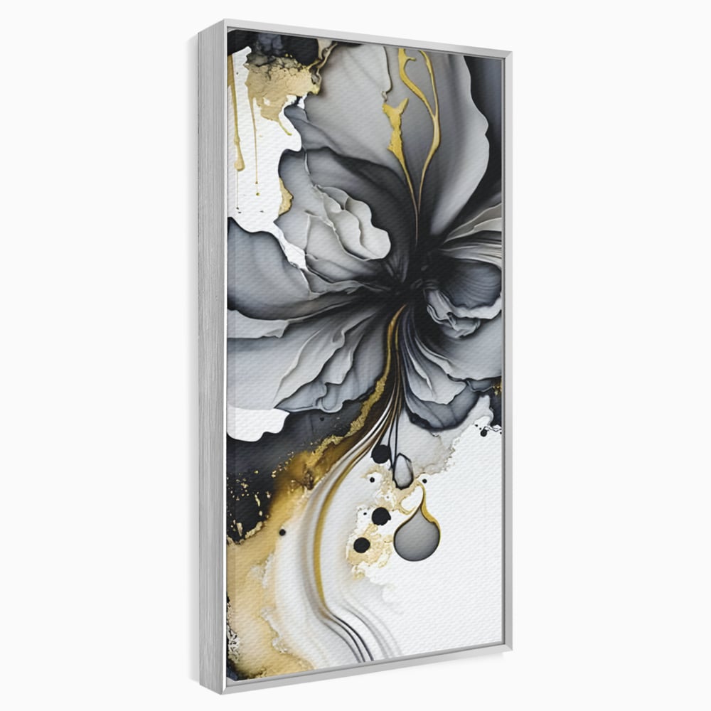 Tablou canvas cu tablou abstract cu floare neagra si accente aurii, in rama de aluminiu argintiu