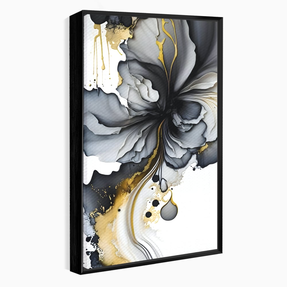 Tablou canvas cu tablou abstract cu floare neagra si accente aurii, in rama de aluminiu negru
