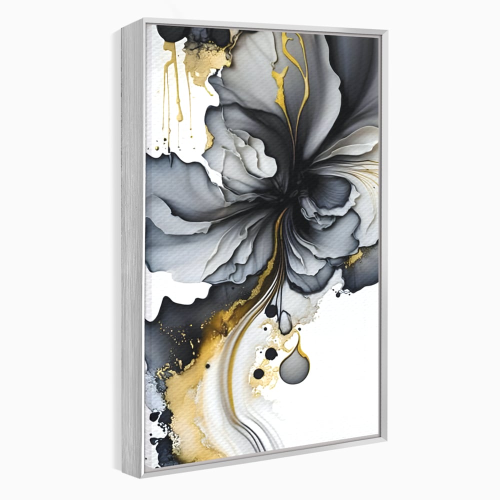 Tablou canvas cu tablou abstract cu floare neagra si accente aurii, in rama de aluminiu argintiu