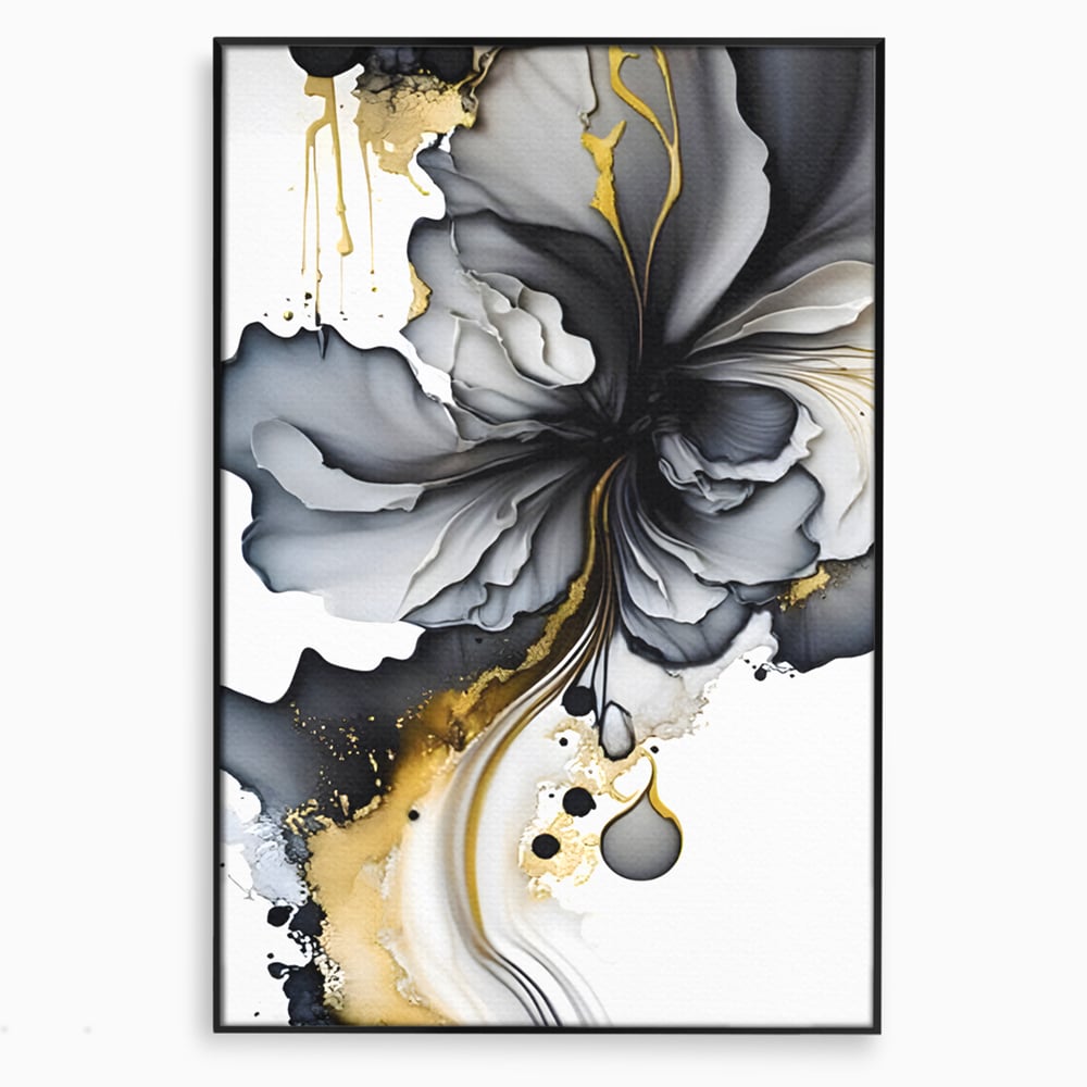 Tablou canvas cu tablou abstract cu floare neagra si accente aurii, in rama de aluminiu negru