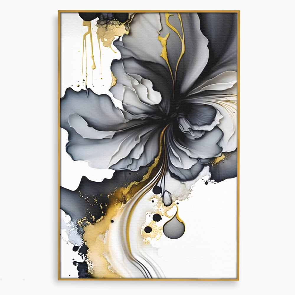 Tablou canvas cu tablou abstract cu floare neagra si accente aurii, in rama de aluminiu auriu