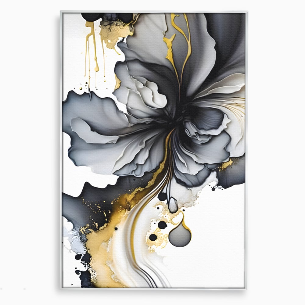 Tablou canvas cu tablou abstract cu floare neagra si accente aurii, in rama de aluminiu argintiu