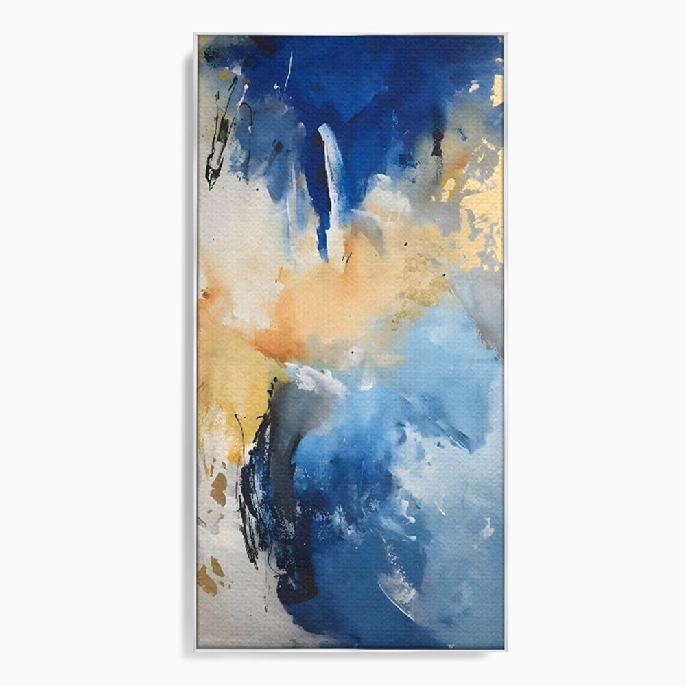 Tablou canvas cu pictura abstracta cu pete albastre si aurii, in rama de aluminiu argintiu