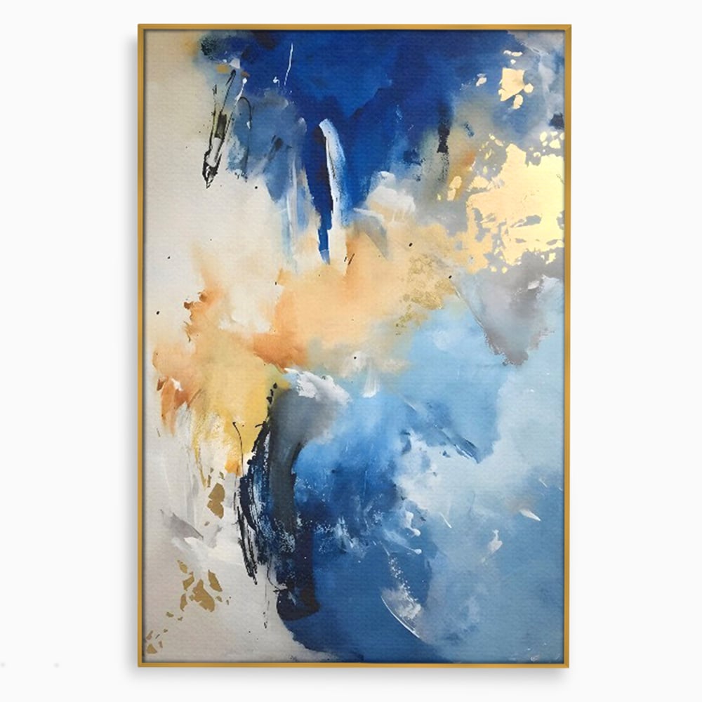 Tablou canvas cu pictura abstracta cu pete albastre si aurii, in rama de aluminiu auriu