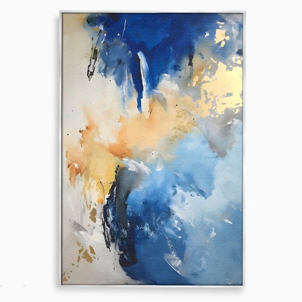 Tablou canvas cu pictura abstracta cu pete albastre si aurii, in rama de aluminiu argintiu