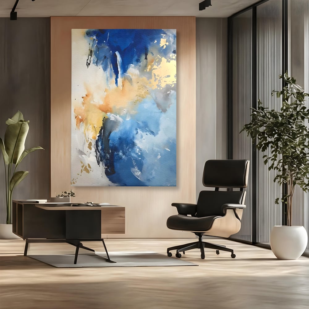 Tablou canvas cu pictura abstracta cu pete albastre si aurii, fara rama, pe sasiu de lemn, pe perete intr-un birou