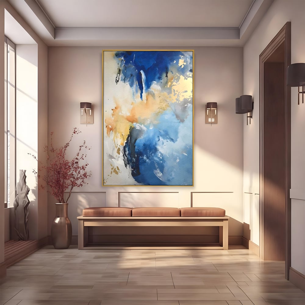 Tablou canvas cu pictura abstracta cu pete albastre si aurii, in rama de aluminiu auriu