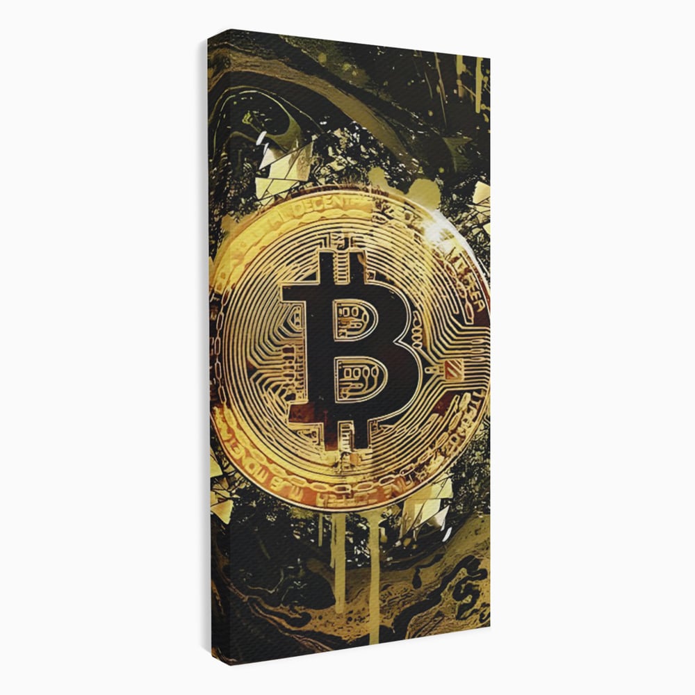 Tablou canvas cu tablou digital cu moneda bitcoin aurie, fara rama, pe sasiu de lemn