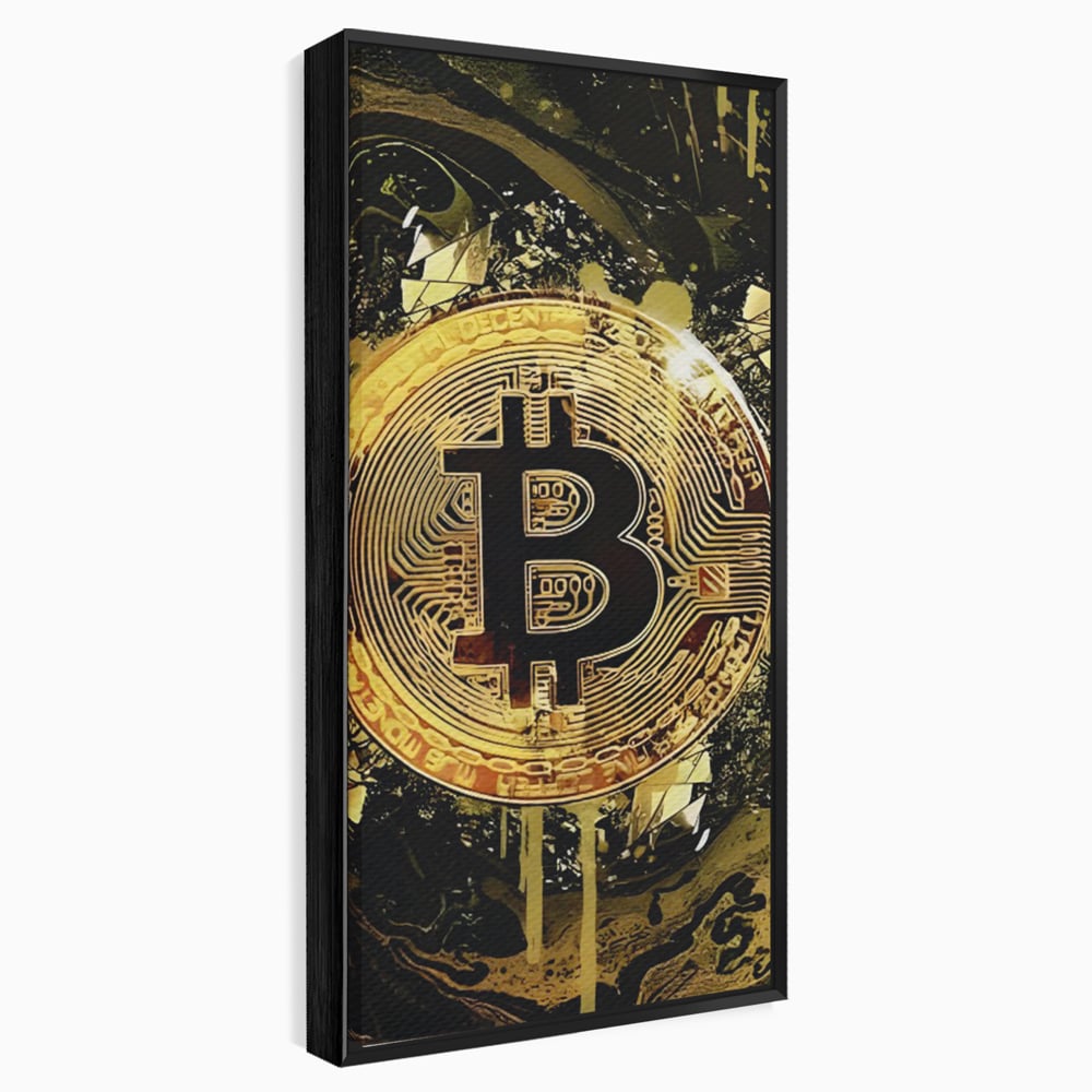 Tablou canvas cu tablou digital cu moneda bitcoin aurie, in rama de aluminiu negru