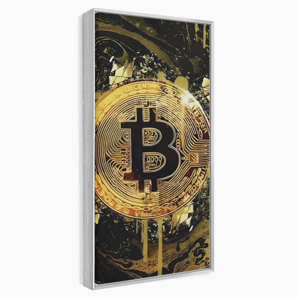 Tablou canvas cu tablou digital cu moneda bitcoin aurie, in rama de aluminiu argintiu
