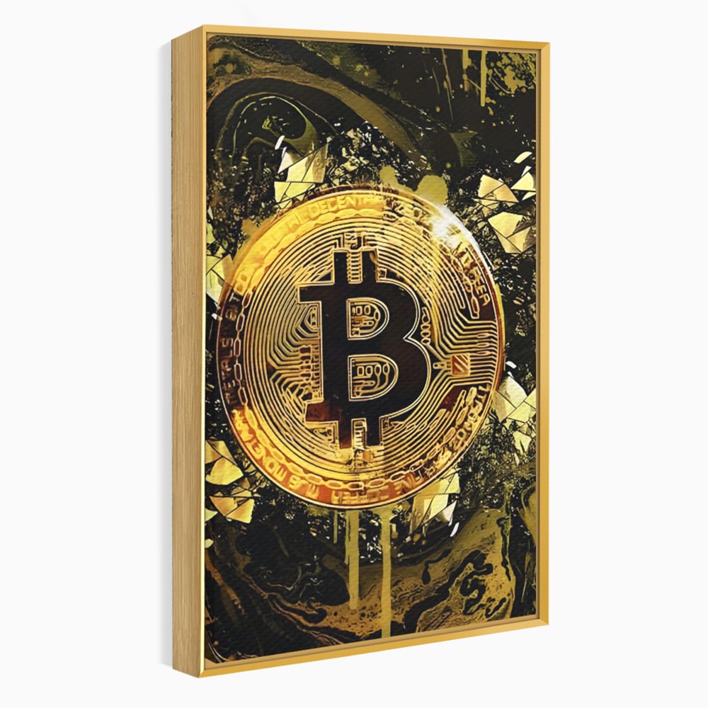 Tablou canvas cu tablou digital cu moneda bitcoin aurie, in rama de aluminiu auriu