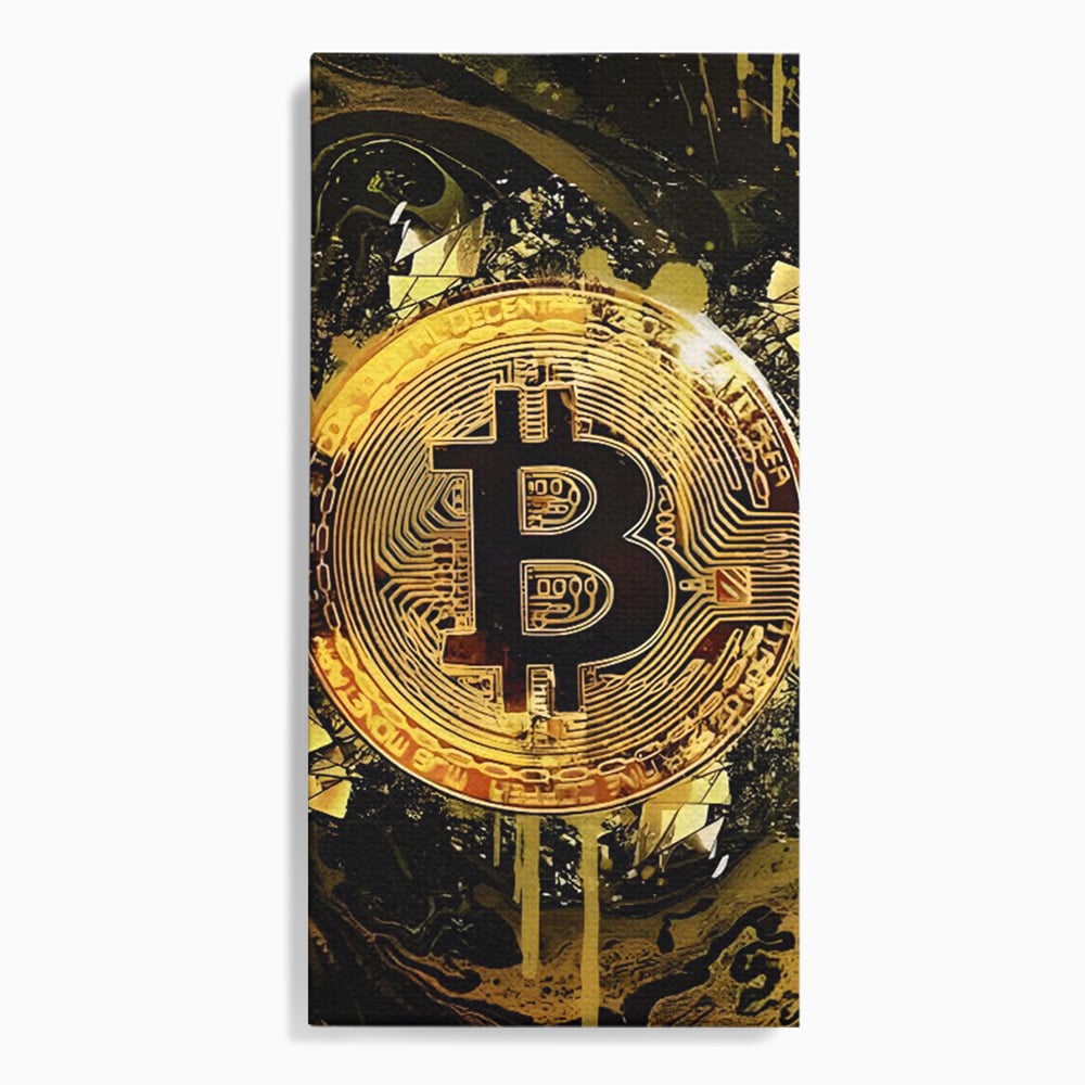Tablou canvas cu tablou digital cu moneda bitcoin aurie, fara rama, pe sasiu de lemn