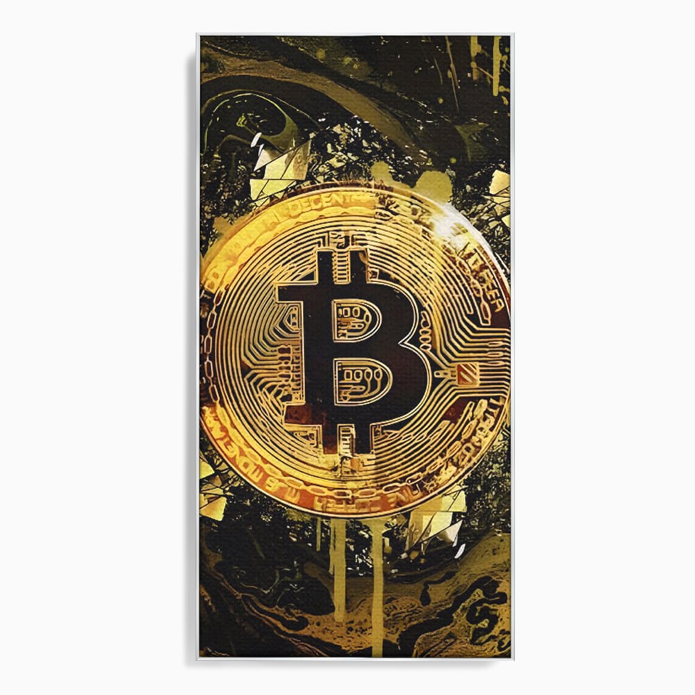 Tablou canvas cu tablou digital cu moneda bitcoin aurie, in rama de aluminiu argintiu
