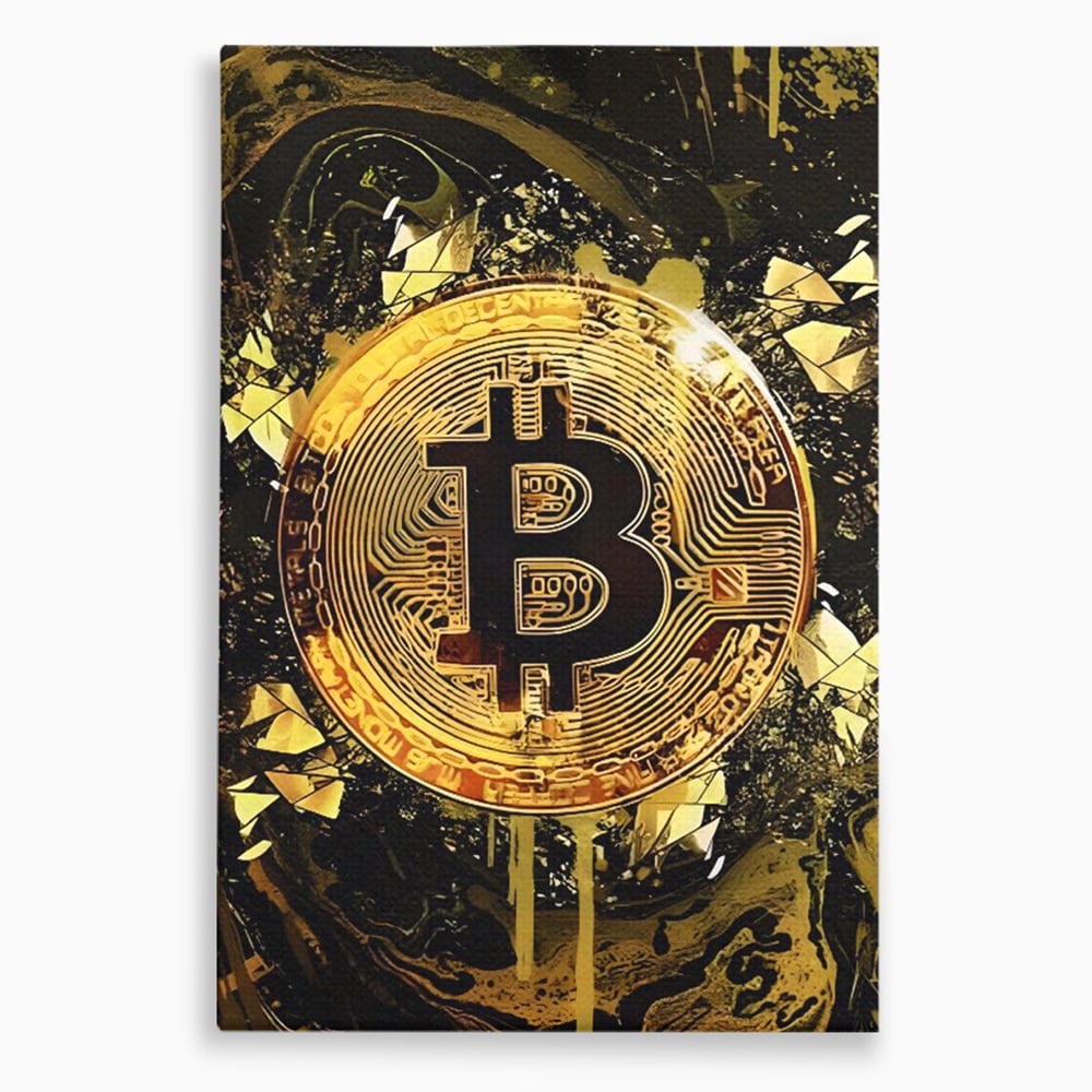 Tablou canvas cu tablou digital cu moneda bitcoin aurie, fara rama, pe sasiu de lemn