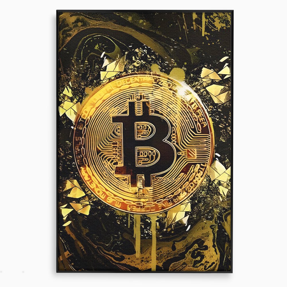 Tablou canvas cu tablou digital cu moneda bitcoin aurie, in rama de aluminiu negru